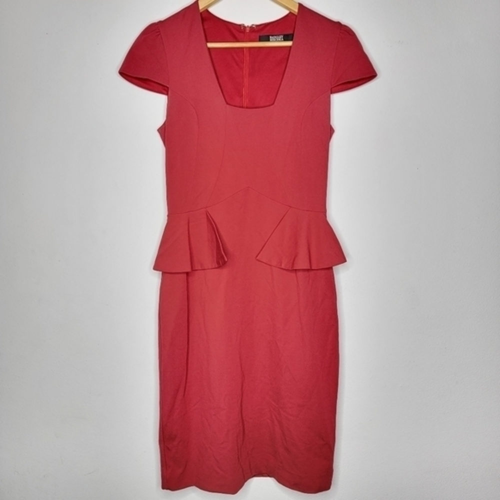 Badgley Mischka Size 4 Solid Red Square Neck Tiered Bodycon Midi‎ Party Dress